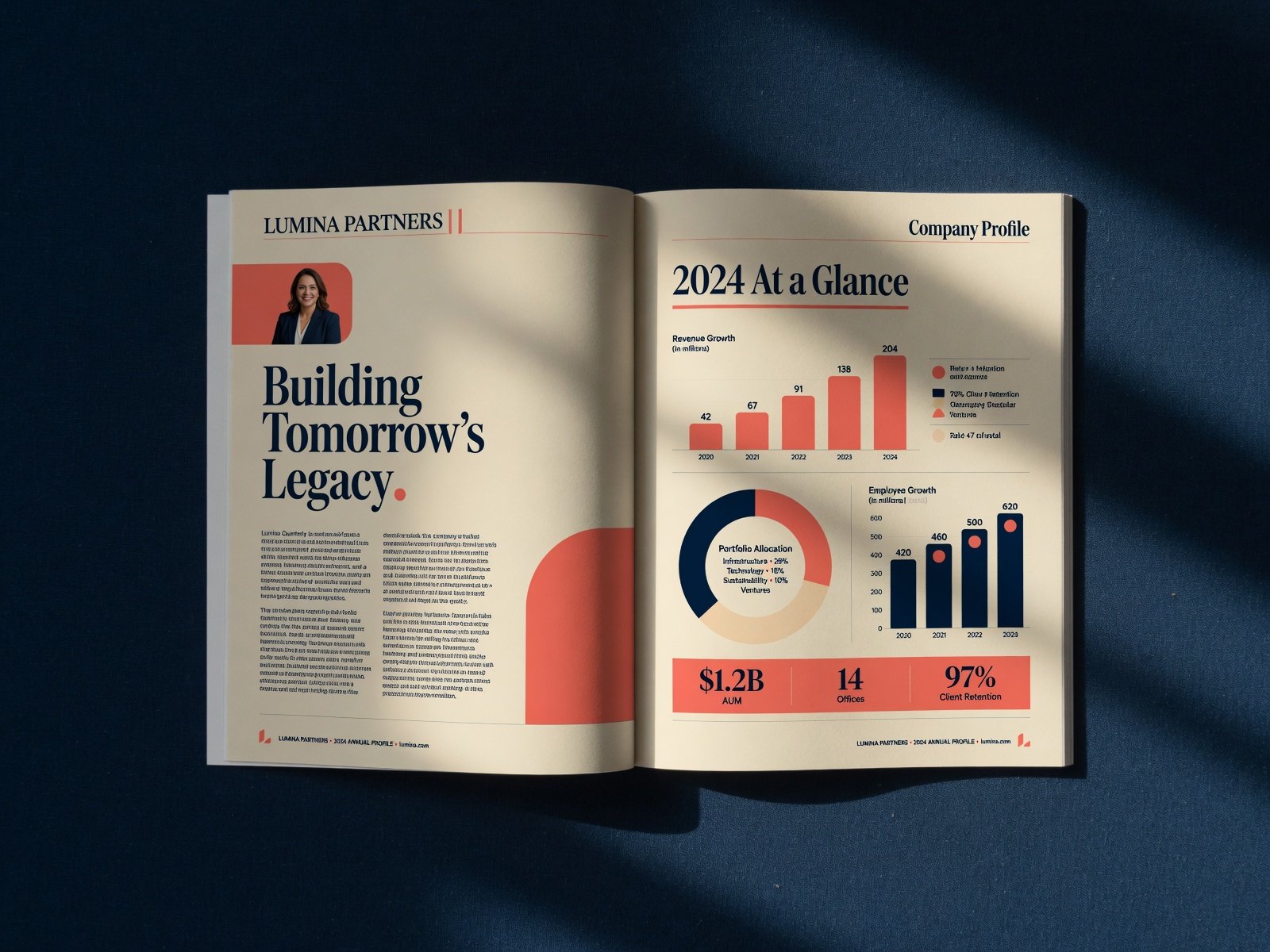 Open company profile spread with editorial layout, charts and typography