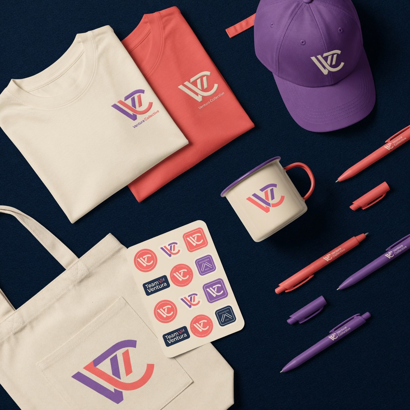 Branded corporate merchandise flat lay: t-shirts, cap, mug, pens and tote bag