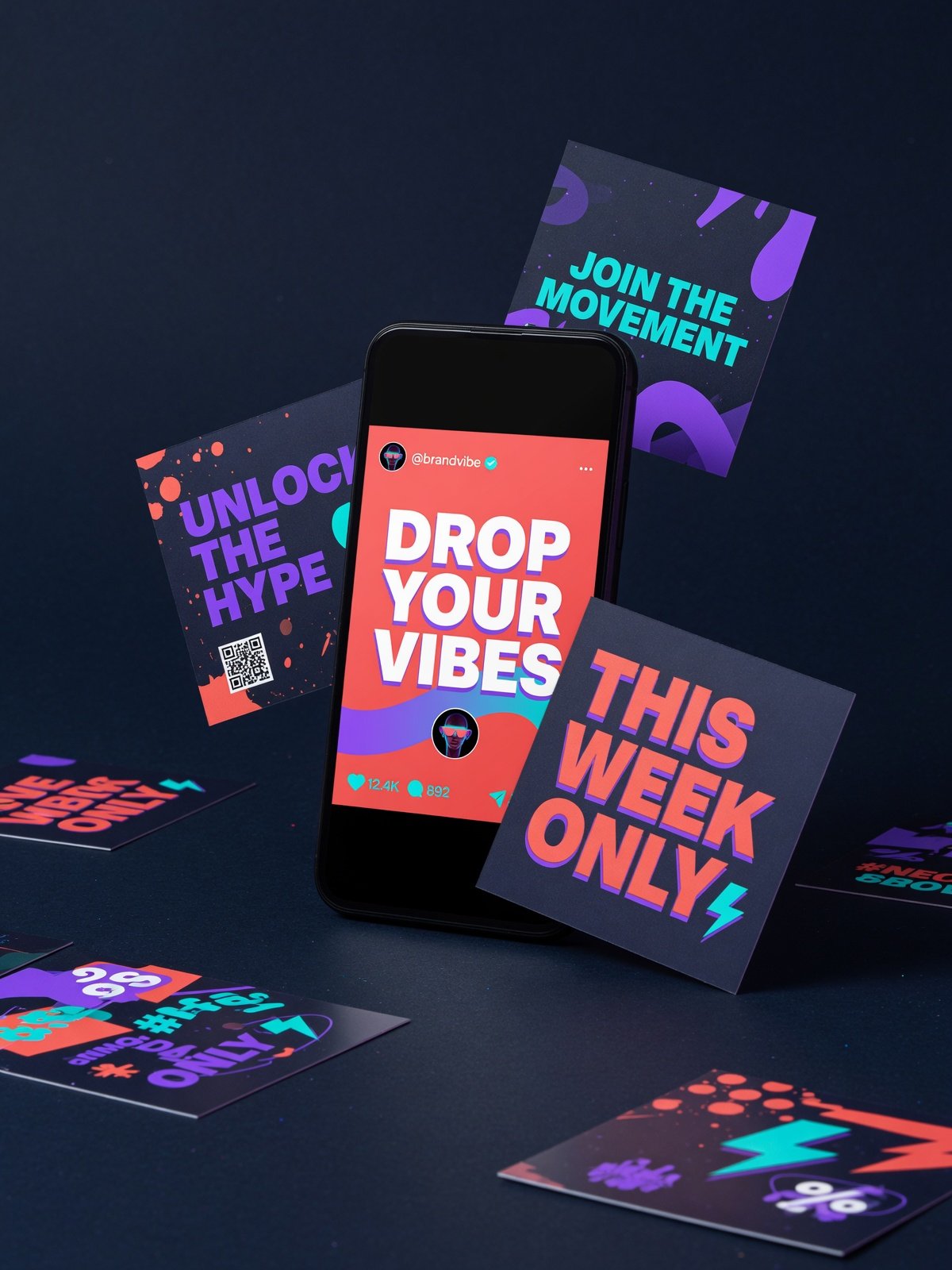 Smartphone displaying a social media campaign design surrounded by printed campaign cards