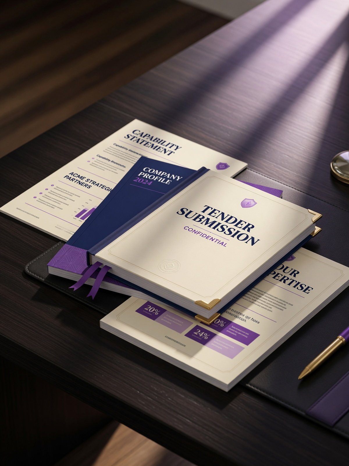 Professionally designed tender and company documents in cream and navy